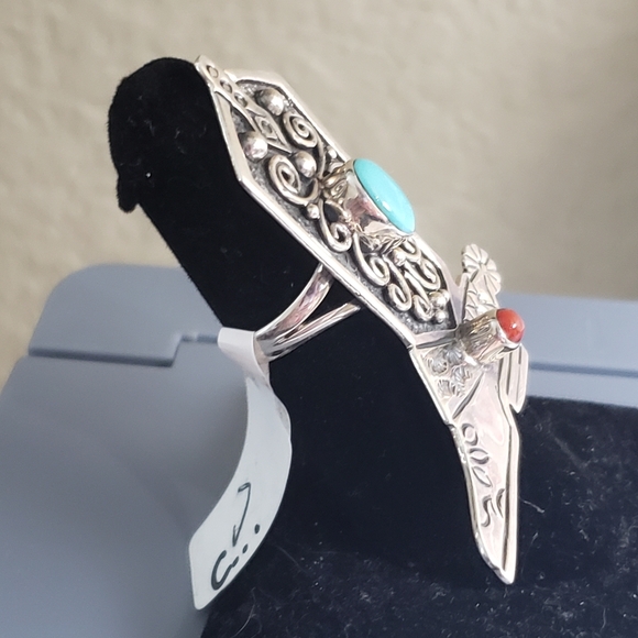 LARGE STERLING SILVER NATIVE AMERICAN SW TURQUOISE CORAL COWBOY BOOT RING - Picture 2 of 5